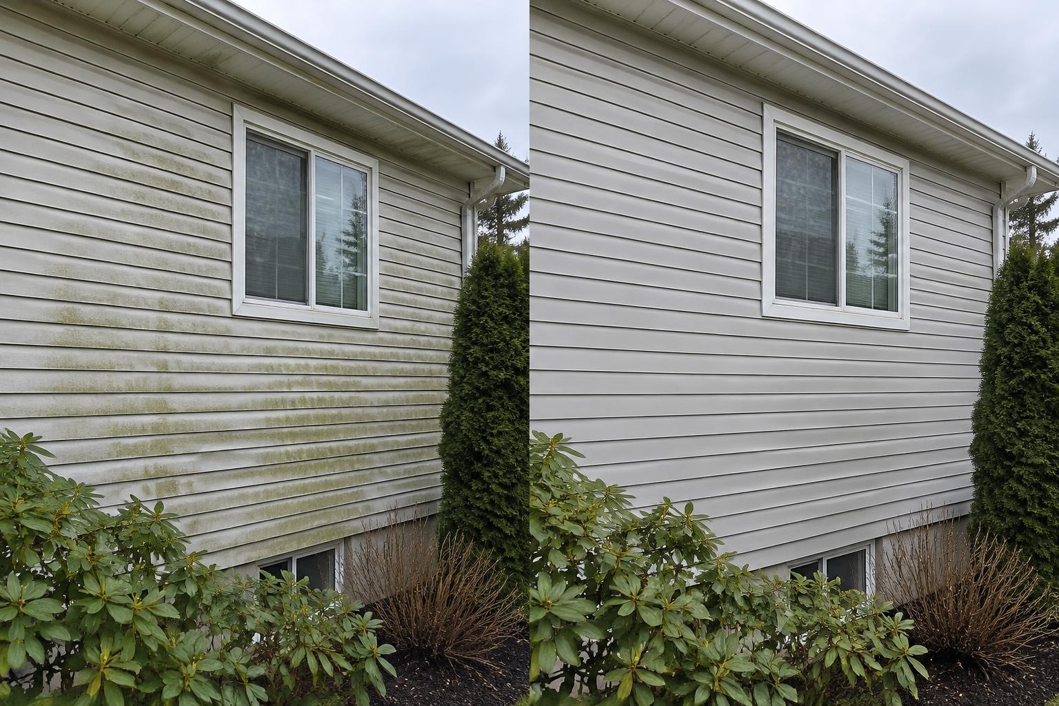 Illustrative exterior comparison: green algae on siding before and clean siding after
