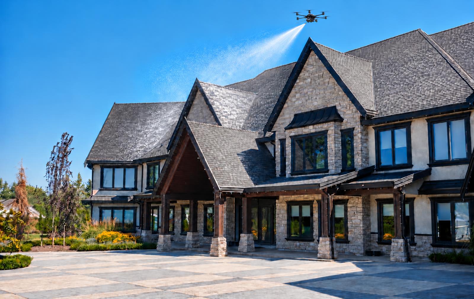 Drone soft washing a Fraser Valley home