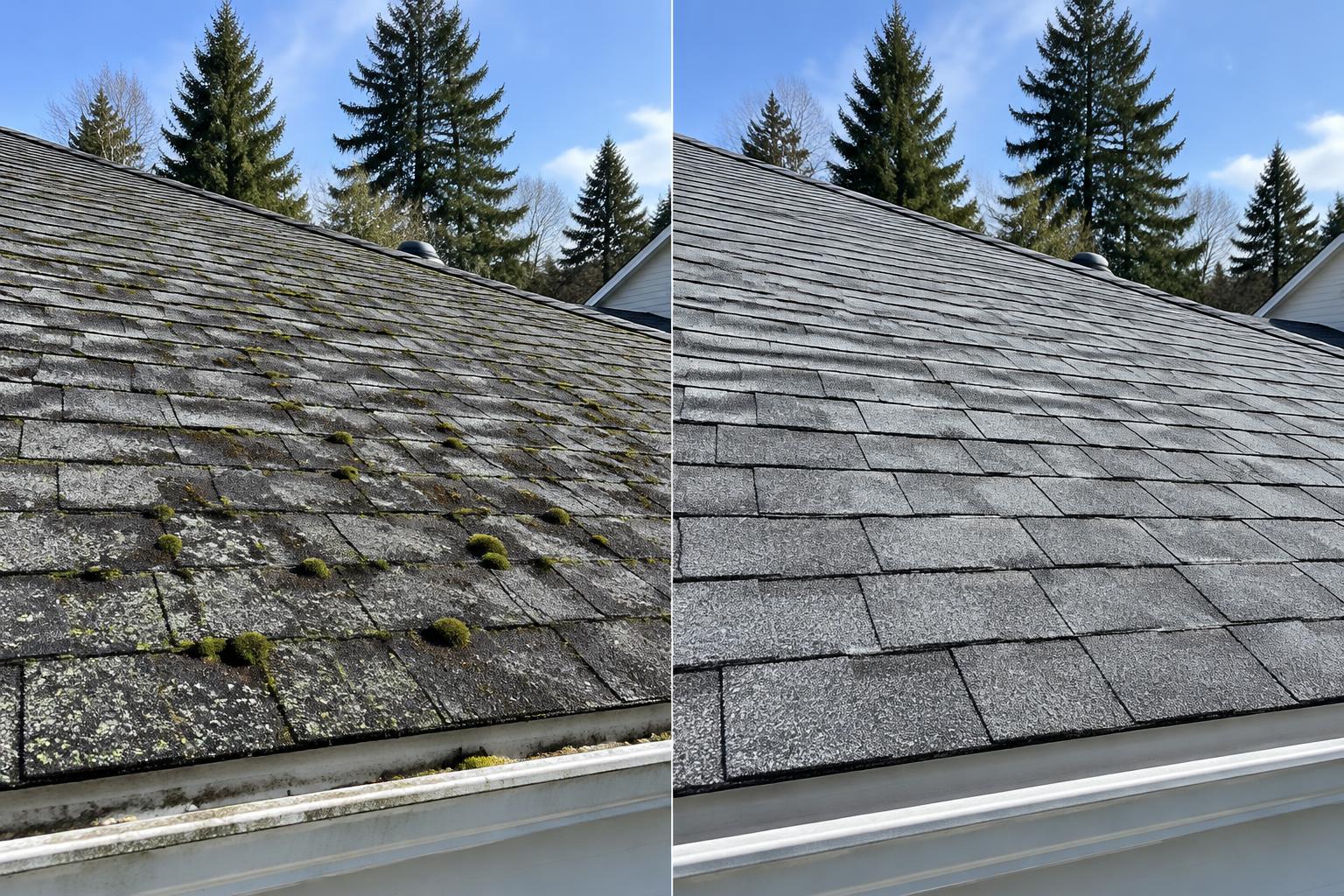 Illustrative roof comparison: moss-covered shingles before and clean grey shingles after